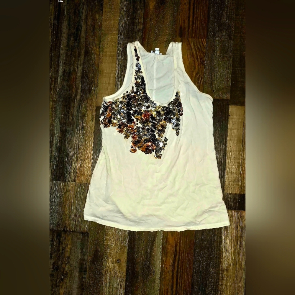 Express Sequin Embellished Cream Tank Top